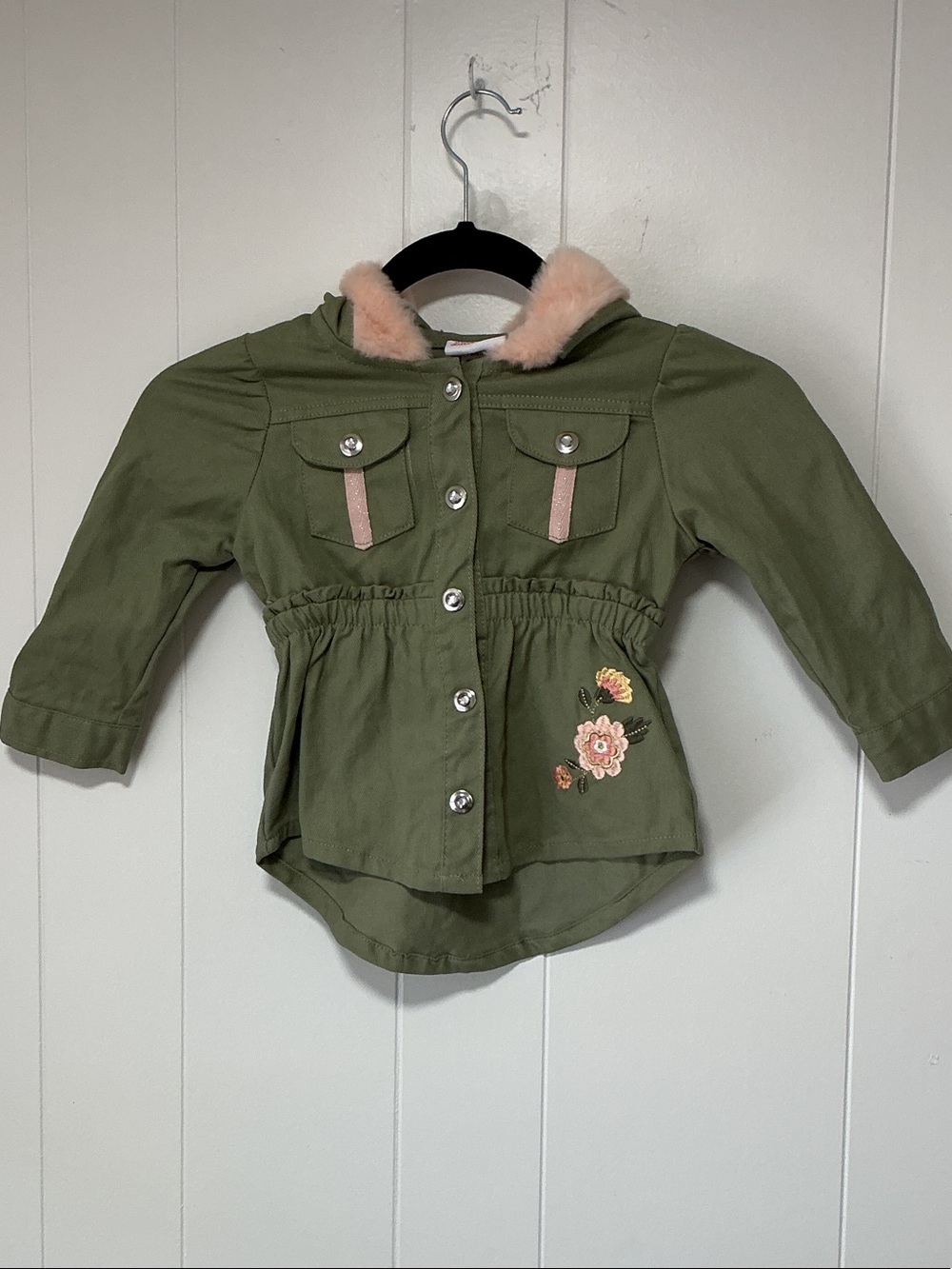 Little Lass Olive Green Hooded Jean Jacket with Pink Fur Trim